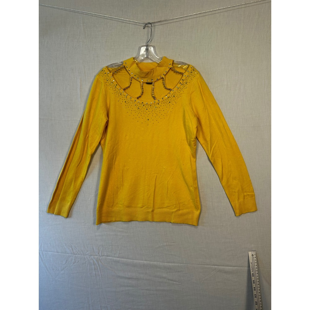 Lola B Womens Mustard Yellow Rhinestone Cutout Mock Neck Long Sleeve Sweater L